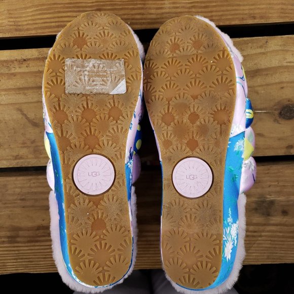 UGG Puff Yeah Floral Polka Dot Slide Sling Back Womens Size 8 Lamb Fur Silk Pink - Picture 10 of 10